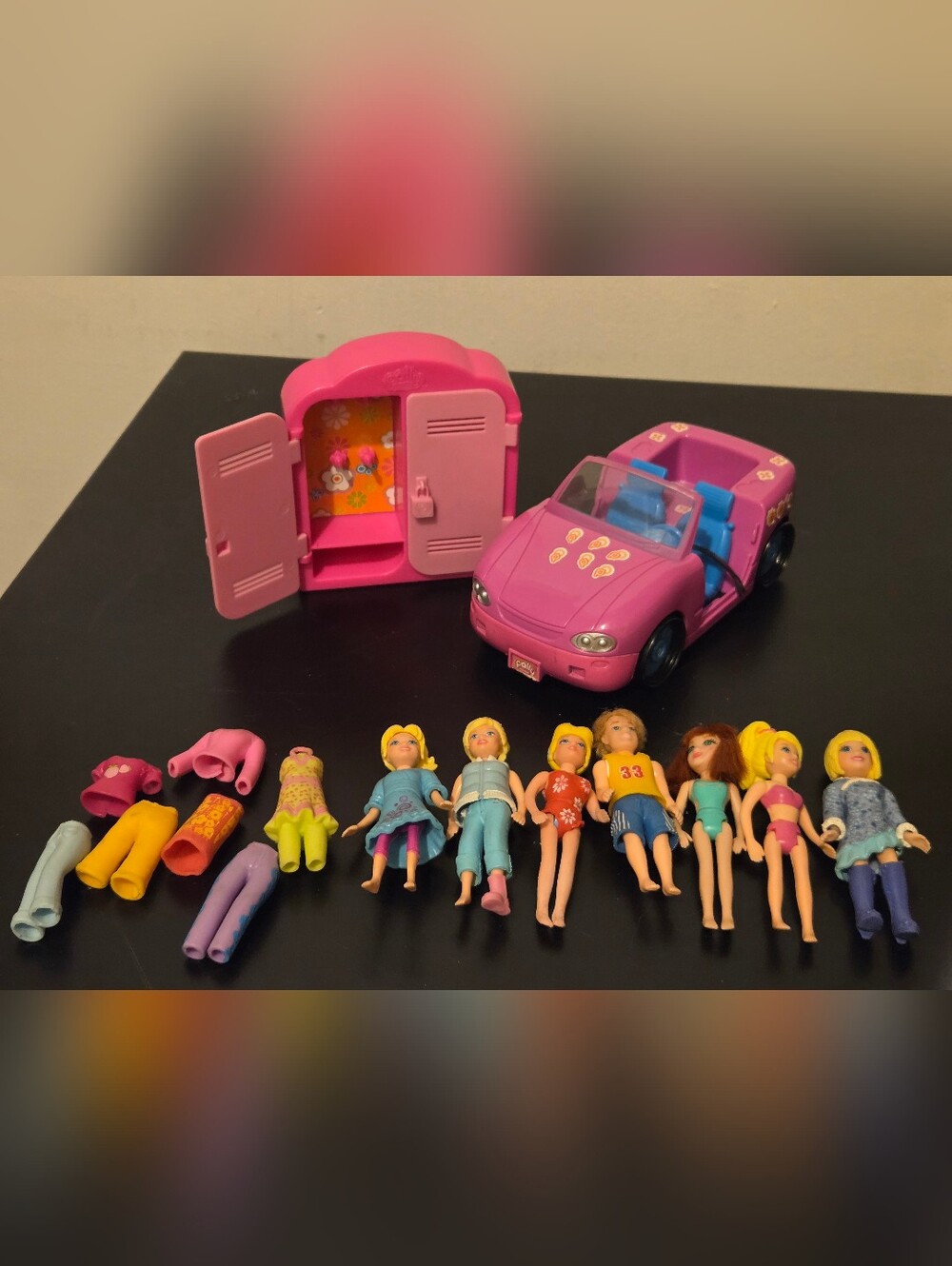 Vintage Polly Pocket Bendable Dolls With Pink Convertible Car & Locker Wardrobe